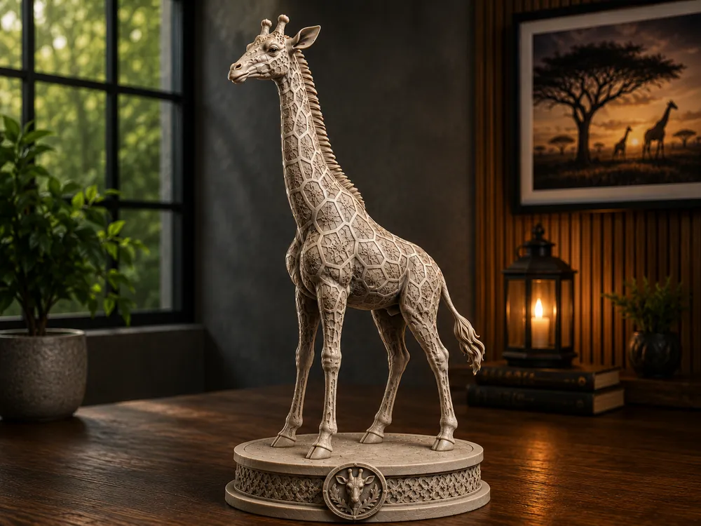 Figura decorativa: Majestic Giraffe – Ornamental Safari Sculpture. Referencia del modelo original.
