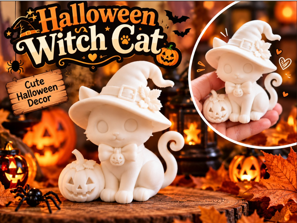 Cute Halloween Witch Cat & Pumpkin 3D model