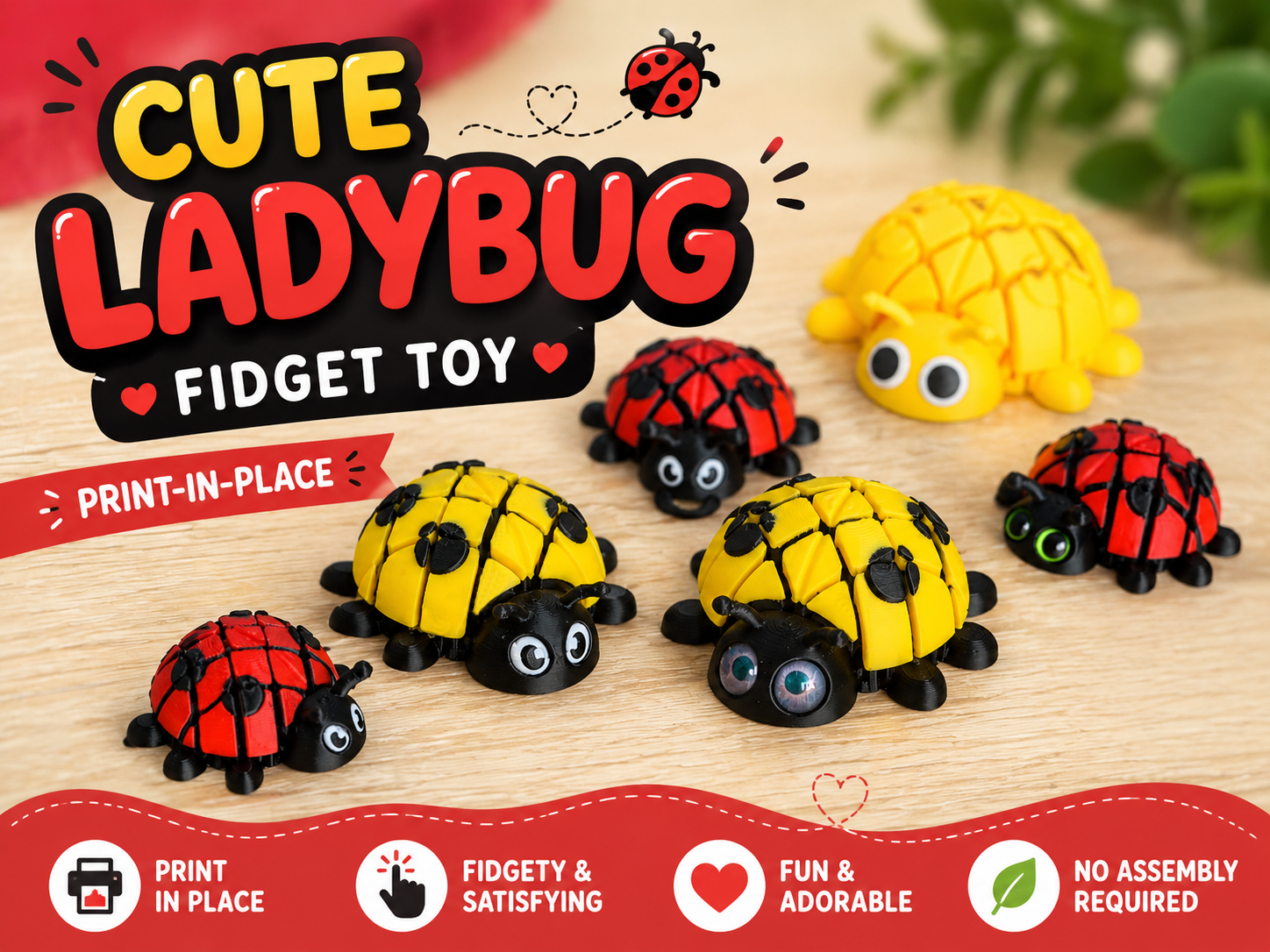 Cute Ladybug Fidget Toy | Print-in-Place 