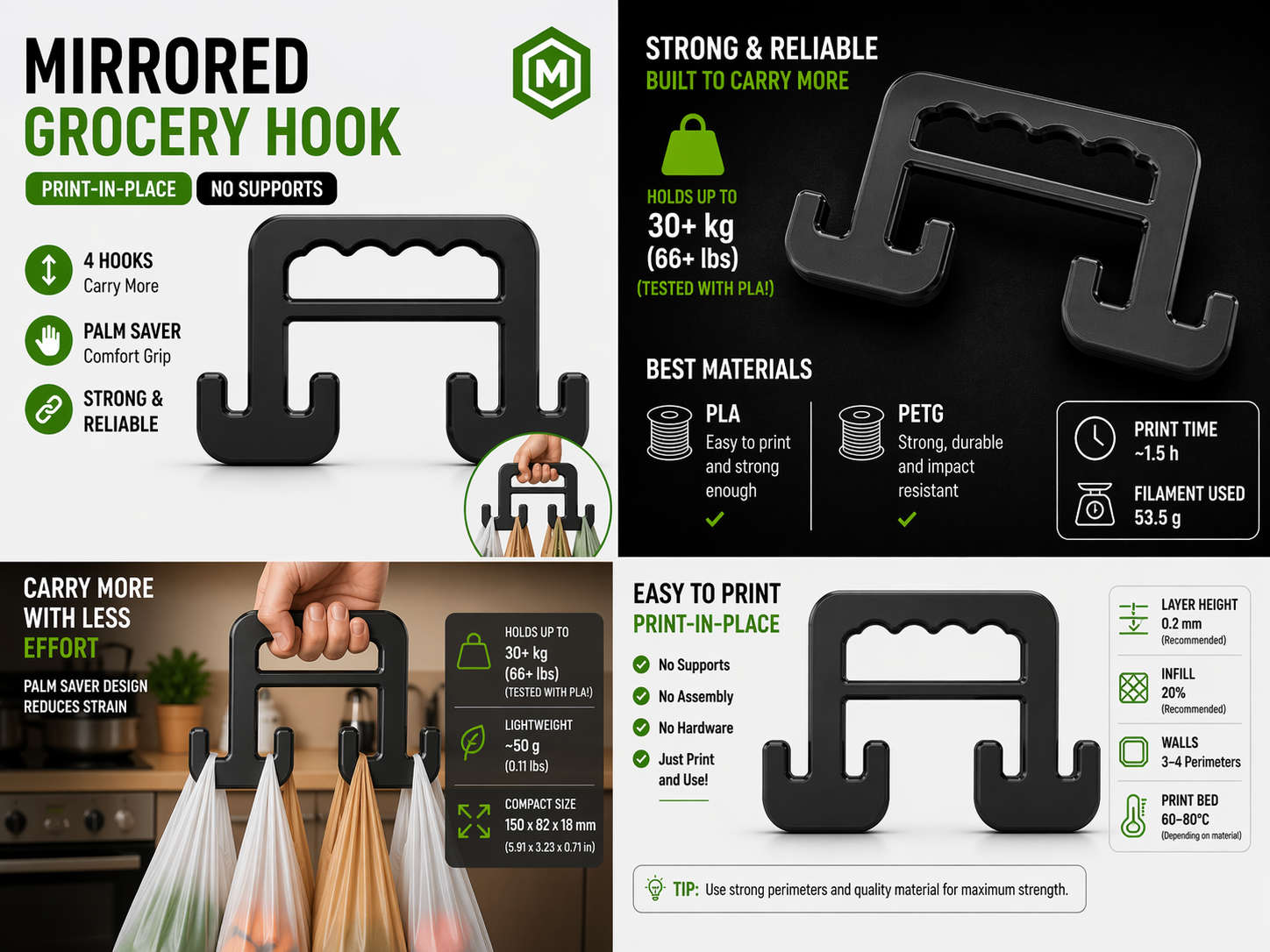 Mirrored Grocery Hook V2 | 30kg Tested PLA
