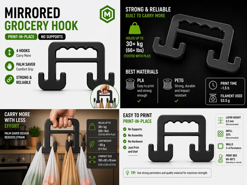 Mirrored Grocery Hook V2 | 30kg Tested PLA