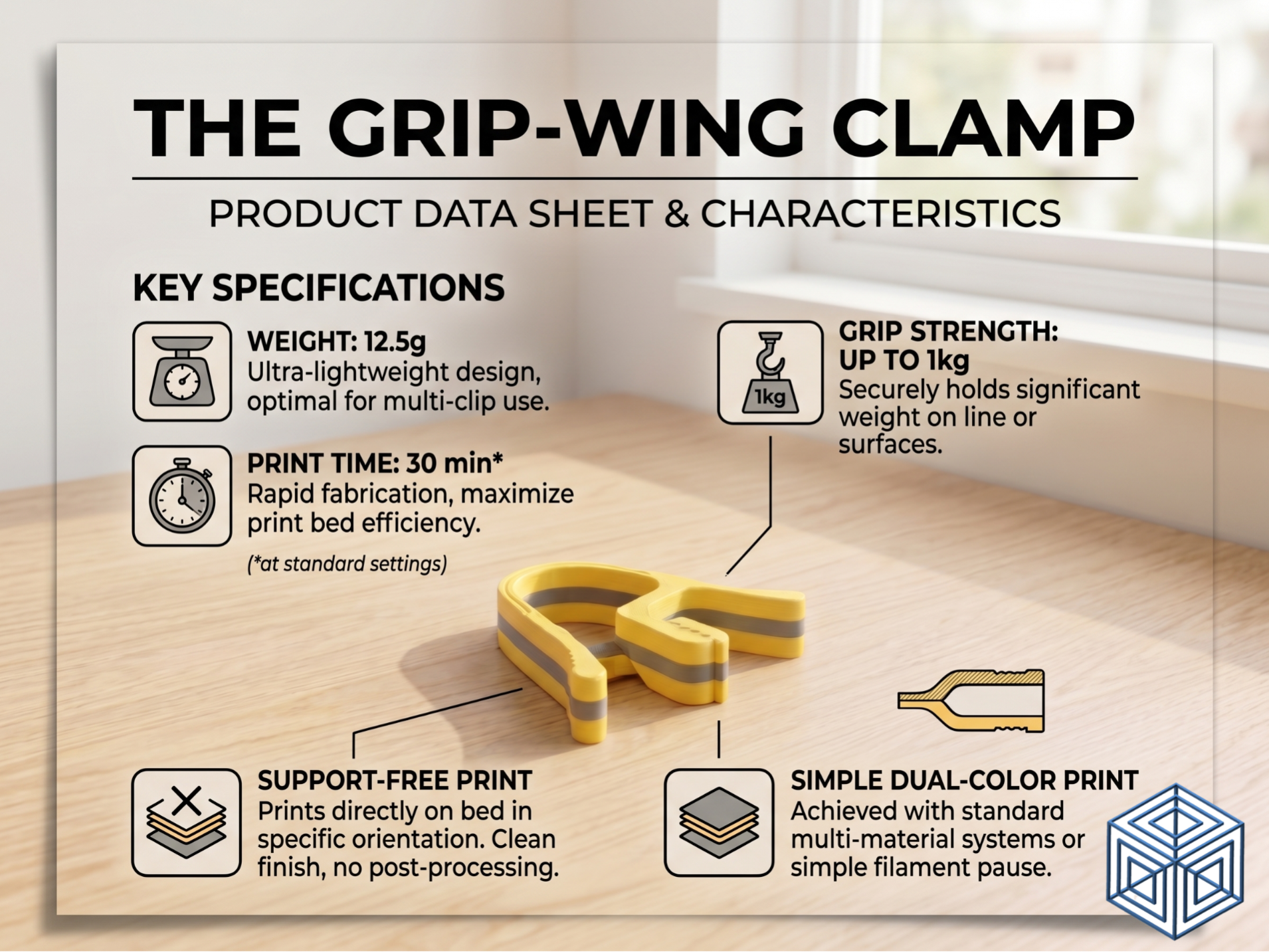The Grip-Wing Clamp, Support-Free Utility Clip
