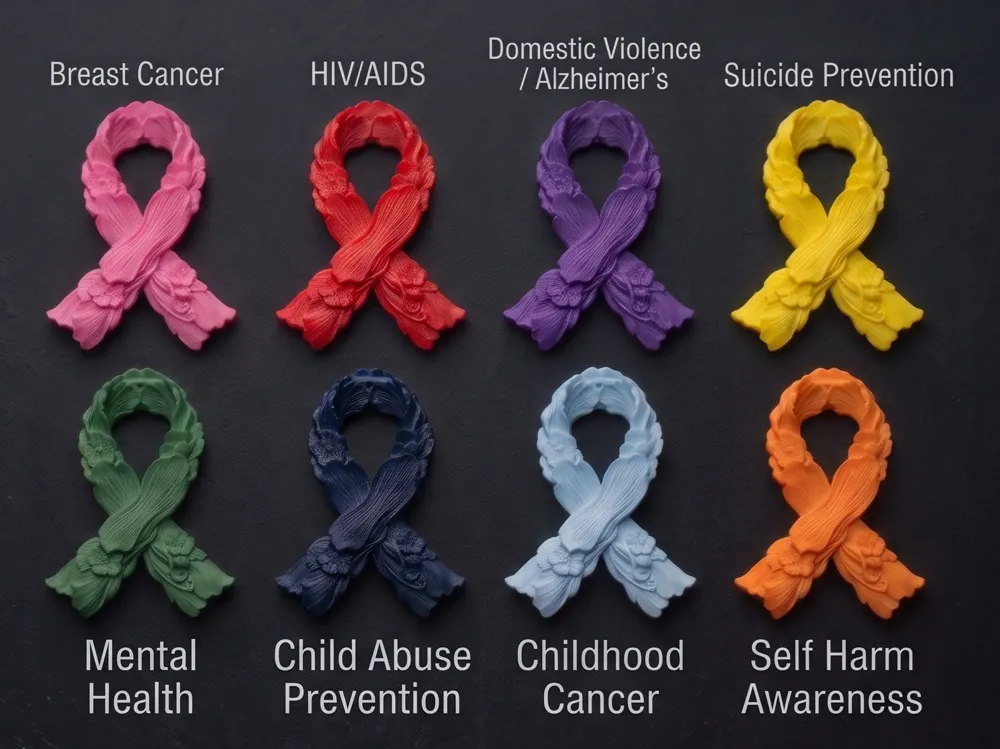 Letrero o emblema decorativo: Awareness Flowered Ribbon Brooch. Referencia del modelo original.
