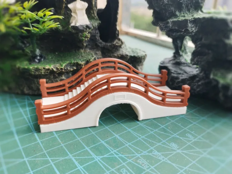 带木栏杆的古风石头拱桥中式古建筑模型摆件