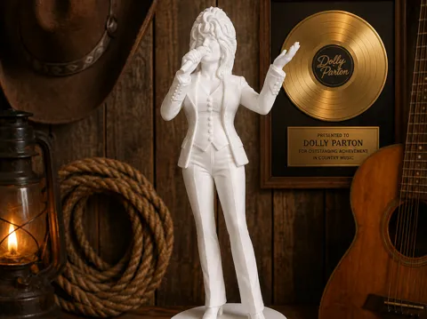 Figura decorativa: Dolly Parton with microphone memorial — referencia de MakerWorld