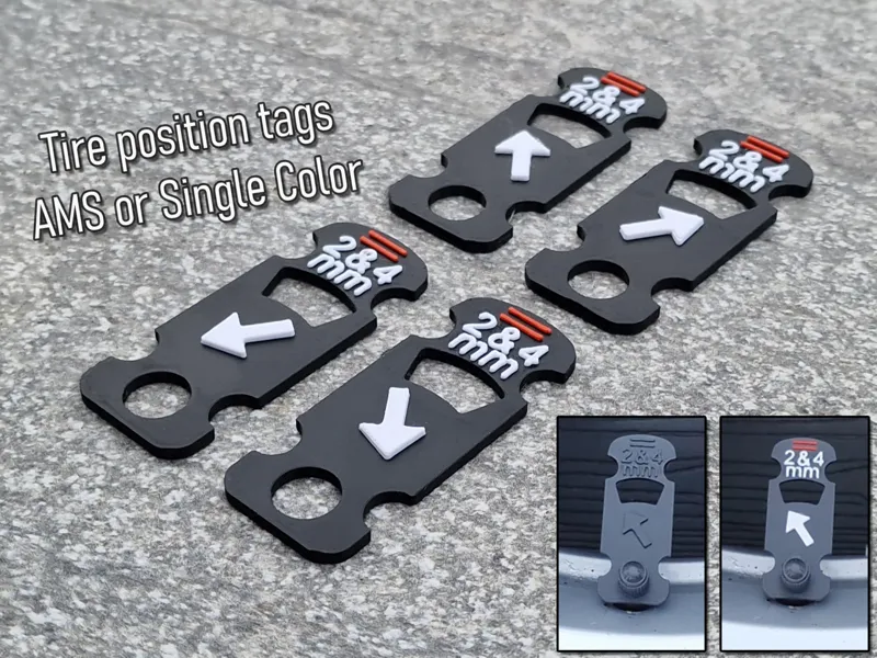 Tire position tags with quick tire depth gauge 