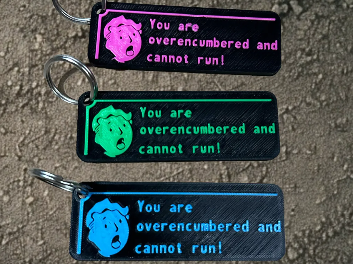 Fallout overencumbered Keychain | Bag Tag by Wildside_Concepts MakerWorld: Download Free 3D Models - 3D model önizlemesi