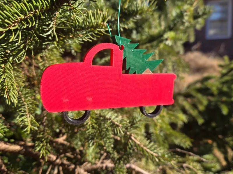 Simple Red Truck with Christmas Tree Ornament