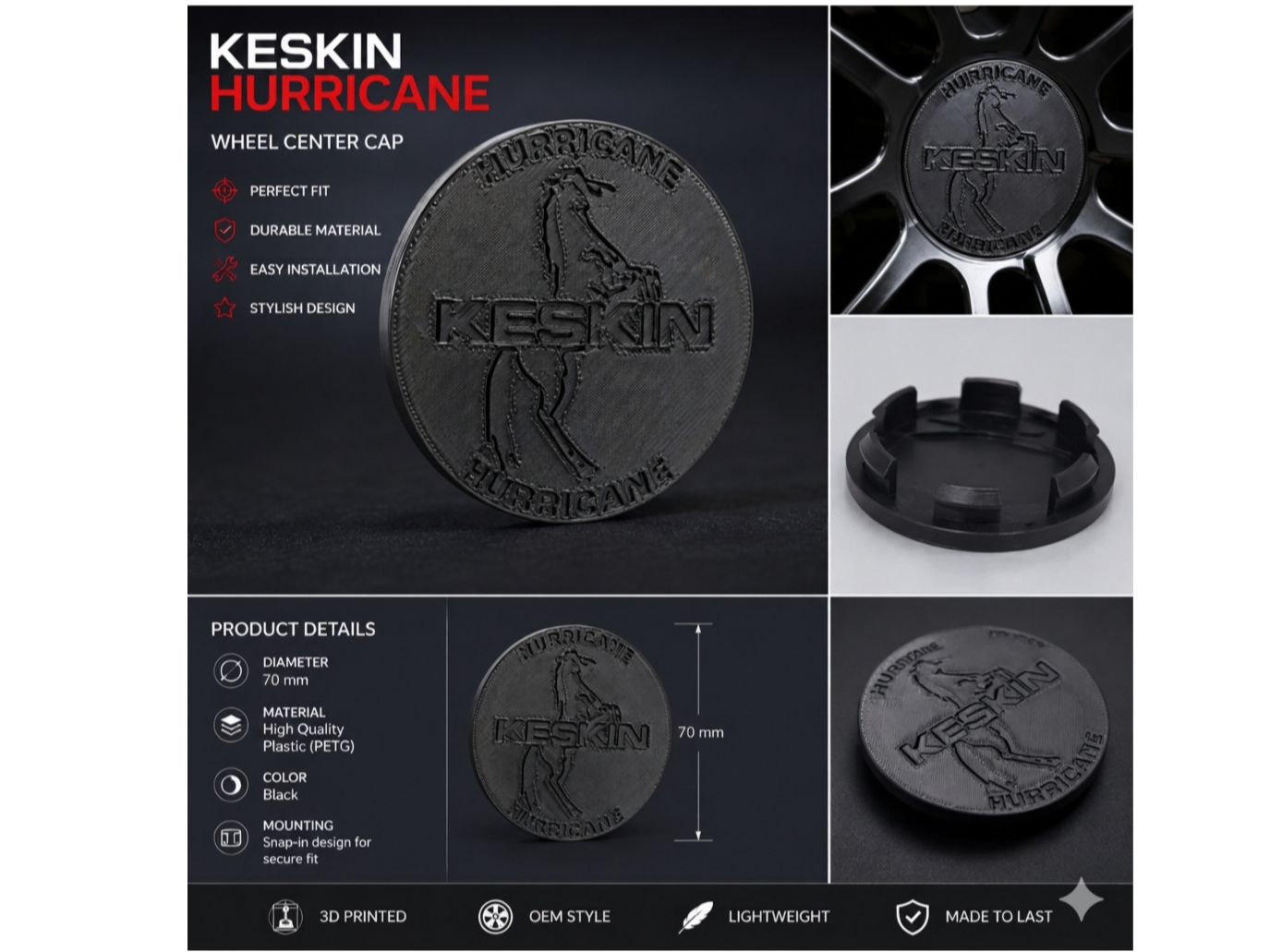 Tapa de Buje 70mm Estilo Keskin Hurricane