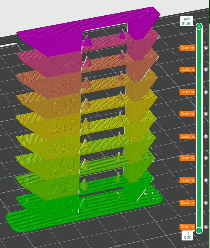 PETG temp tower - ultimate bridging, stringing, overhang test - temperature coded!