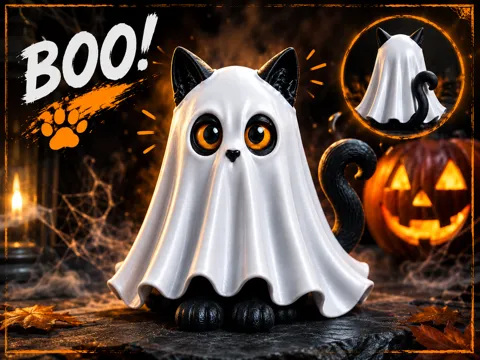 Adorno temático: Mini Halloween Ghost Cat — referencia de MakerWorld