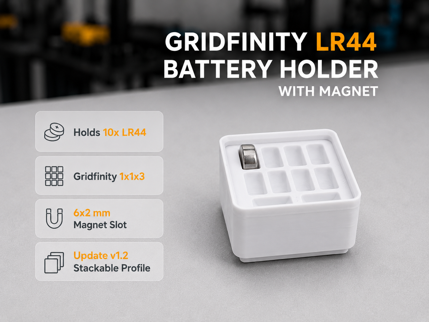 Gridfinity LR44 battery holder with magnet