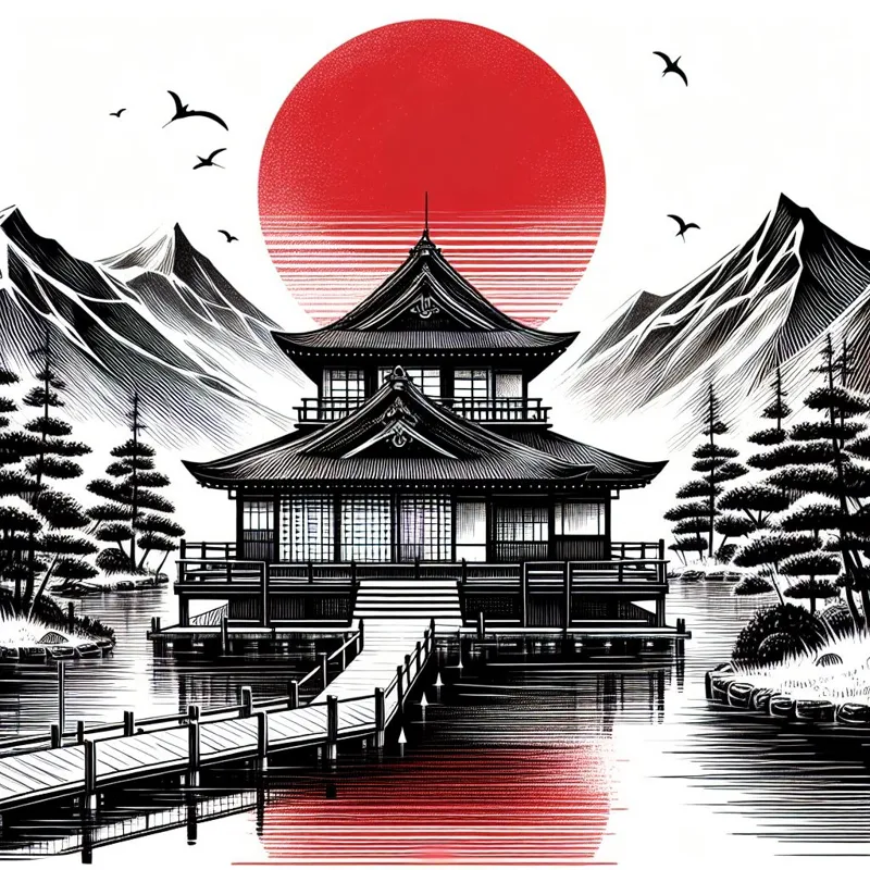 Hueforge Japanese house with red sun (color pop)