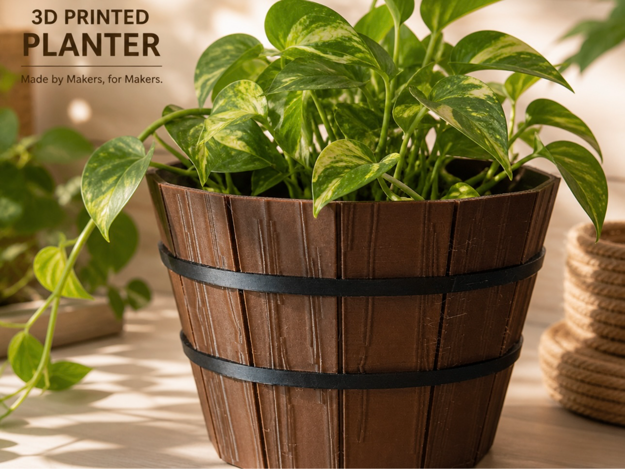 Rustic Barrel Planter (Wood-Grain Style)