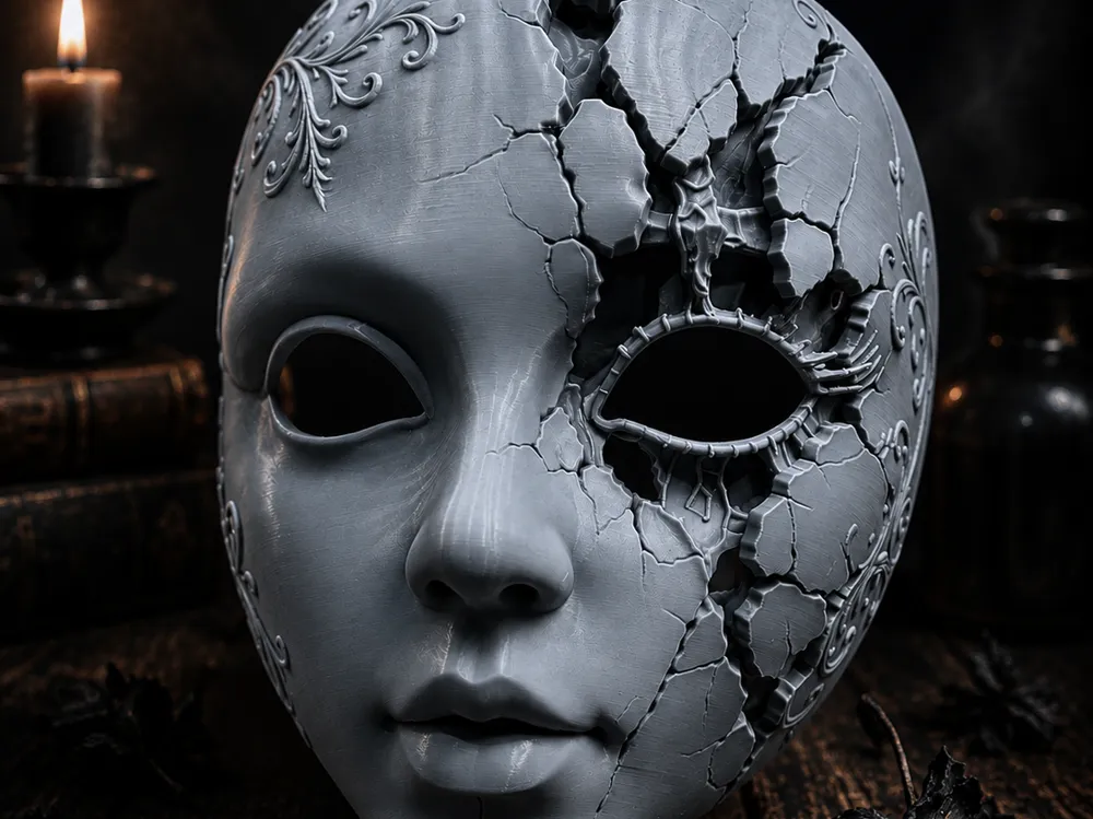 Pieza para disfraz o exhibición: Shattered Porcelain Doll Mask. Referencia del modelo original.