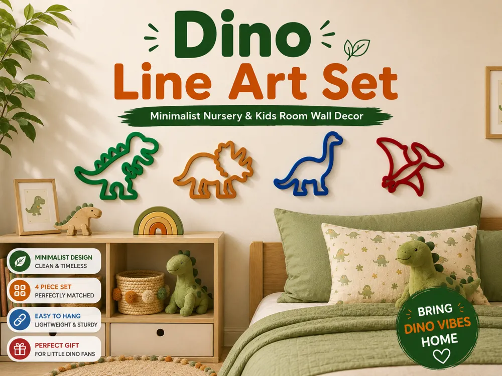 Letrero o emblema decorativo: Dino Line Art Set – Minimalist Kids Room Decor. Referencia del modelo original.