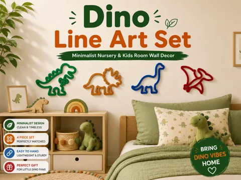 Letrero o emblema decorativo: Dino Line Art Set – Minimalist Kids Room Decor — referencia de MakerWorld