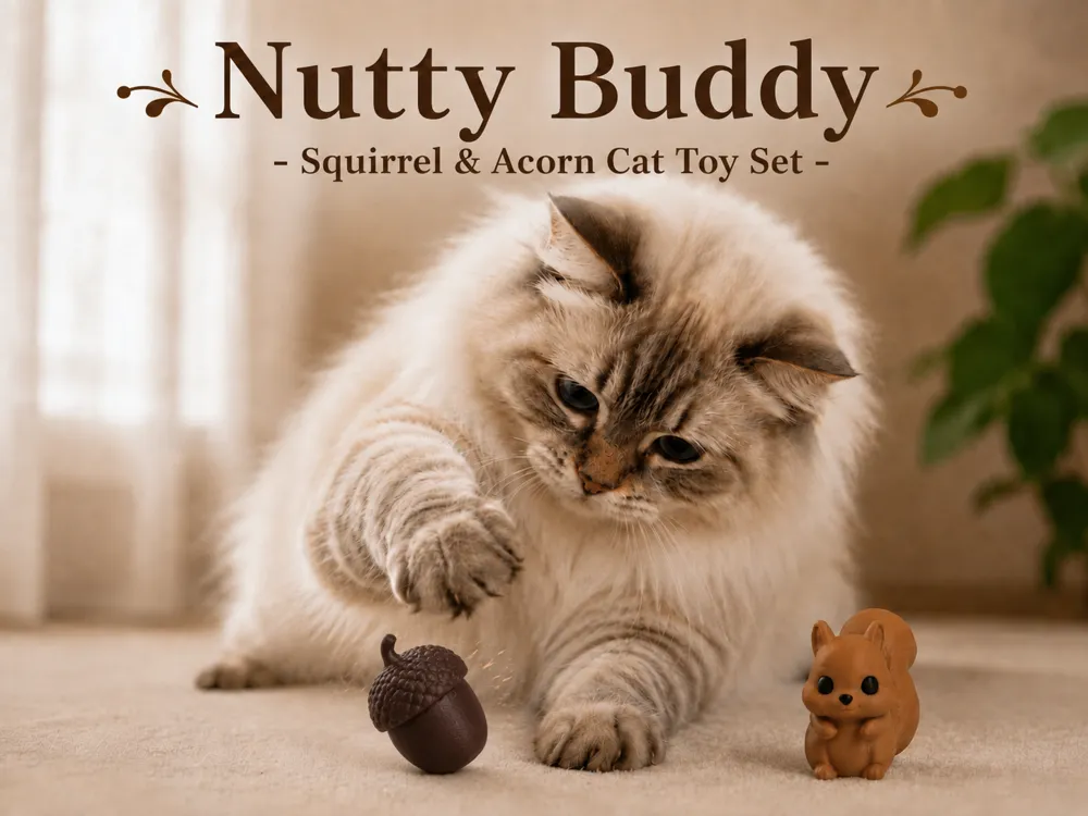 Modelo para impresión 3D: Nutty Buddy - Squirrel & Acorn Cat Toy Set. Referencia del modelo original.