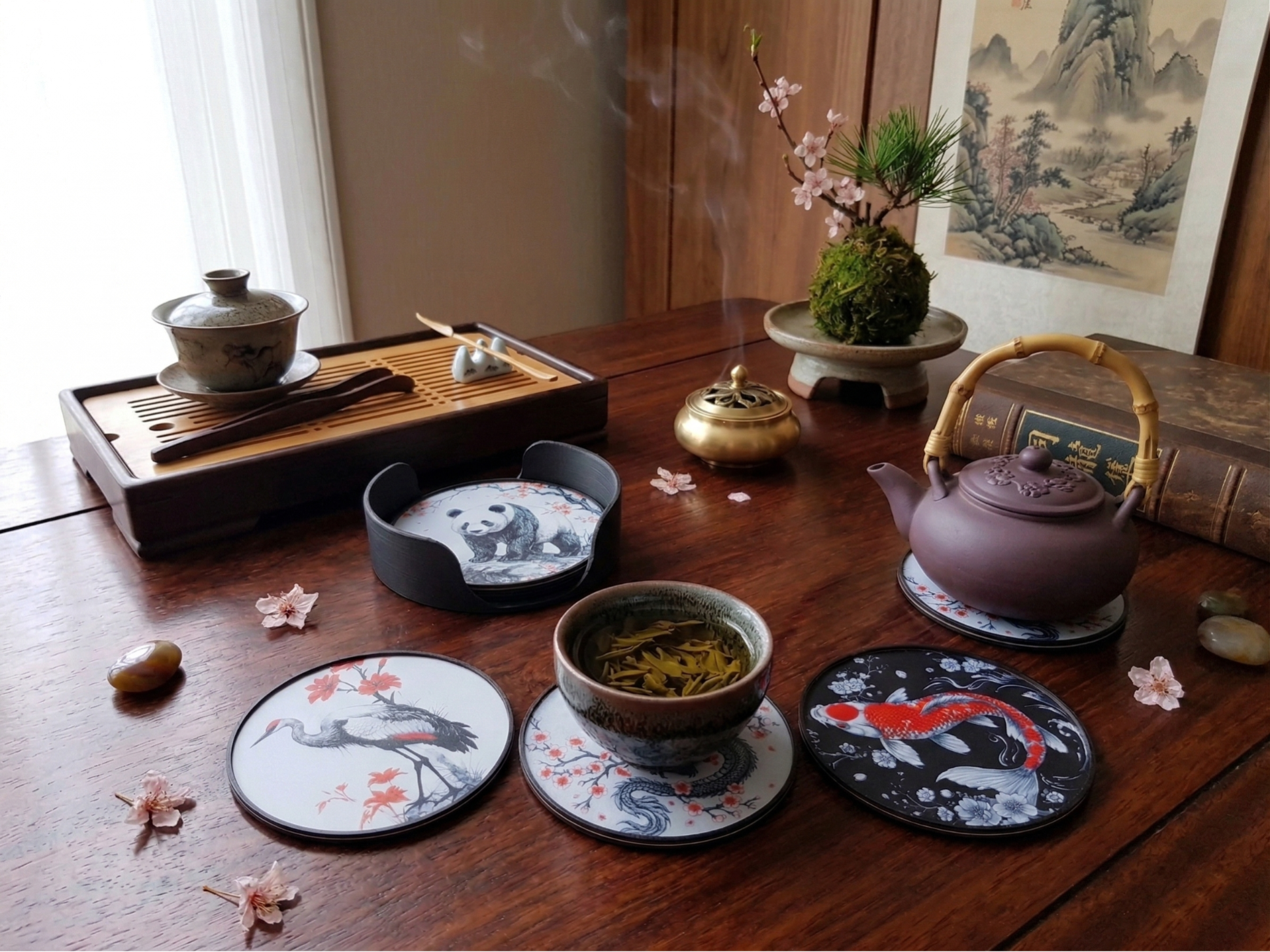 Eastern Asian Art - Animals x Blossoms Coaster Set