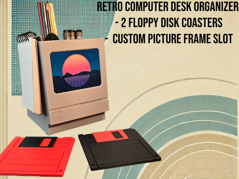 Retro Desk Organizer- with Floppy Disk Cup Holders