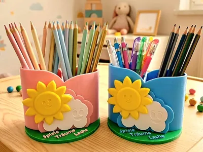 Pen holder with rotating sun for children