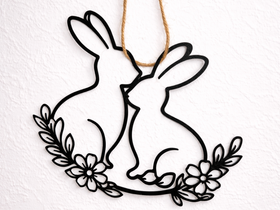 Hasen-Silhouette mit Blumenkranz – Wanddeko