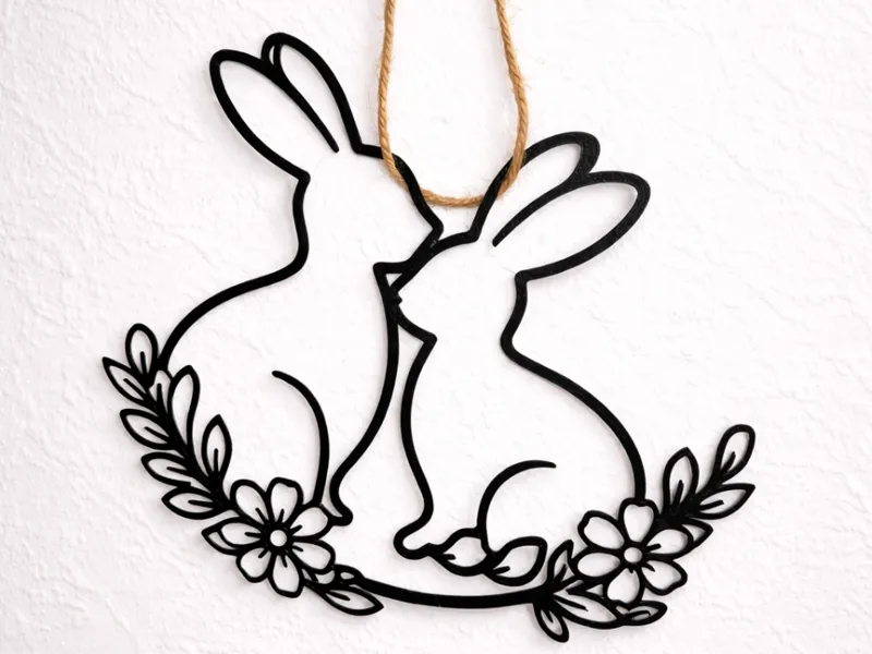 Hasen-Silhouette mit Blumenkranz – Wanddeko