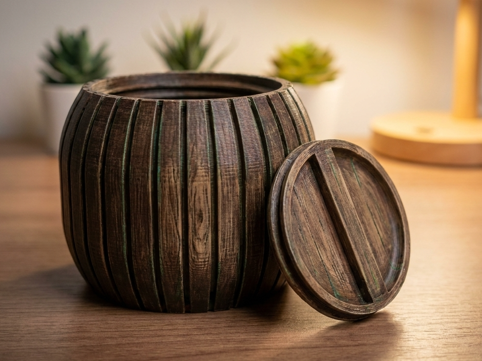 Slatted Barrel Storage Container with Lid