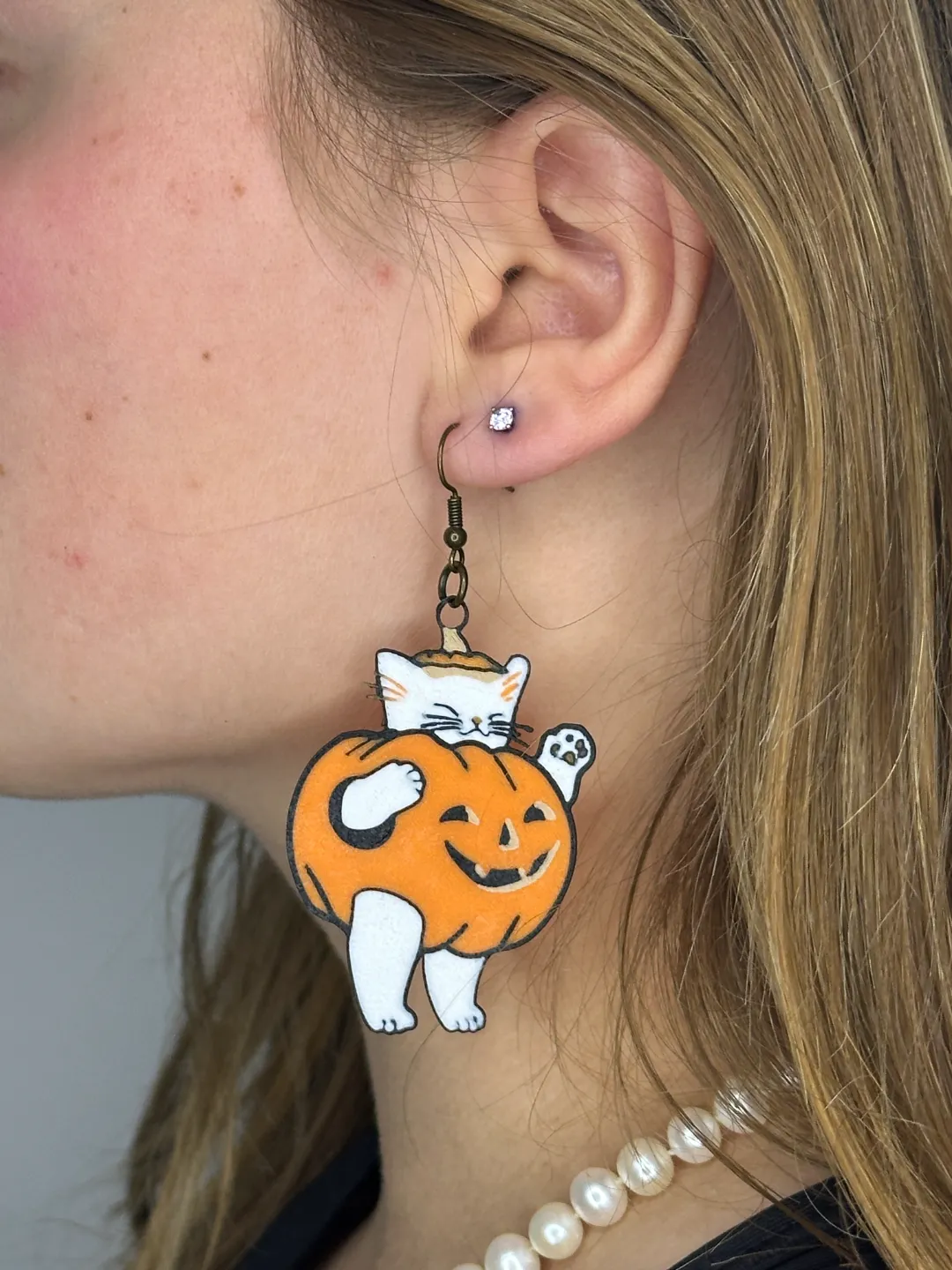 Cute Pumpkin Cat Earring view 3