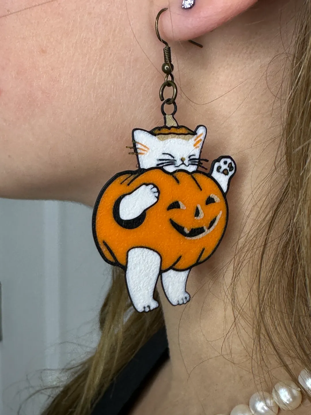 Cute Pumpkin Cat Earring view 2