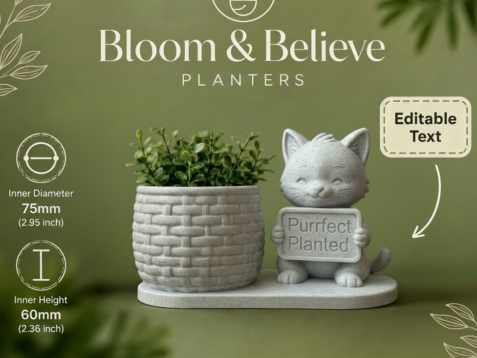 Cat Bloom & Believe Planter Editable Text