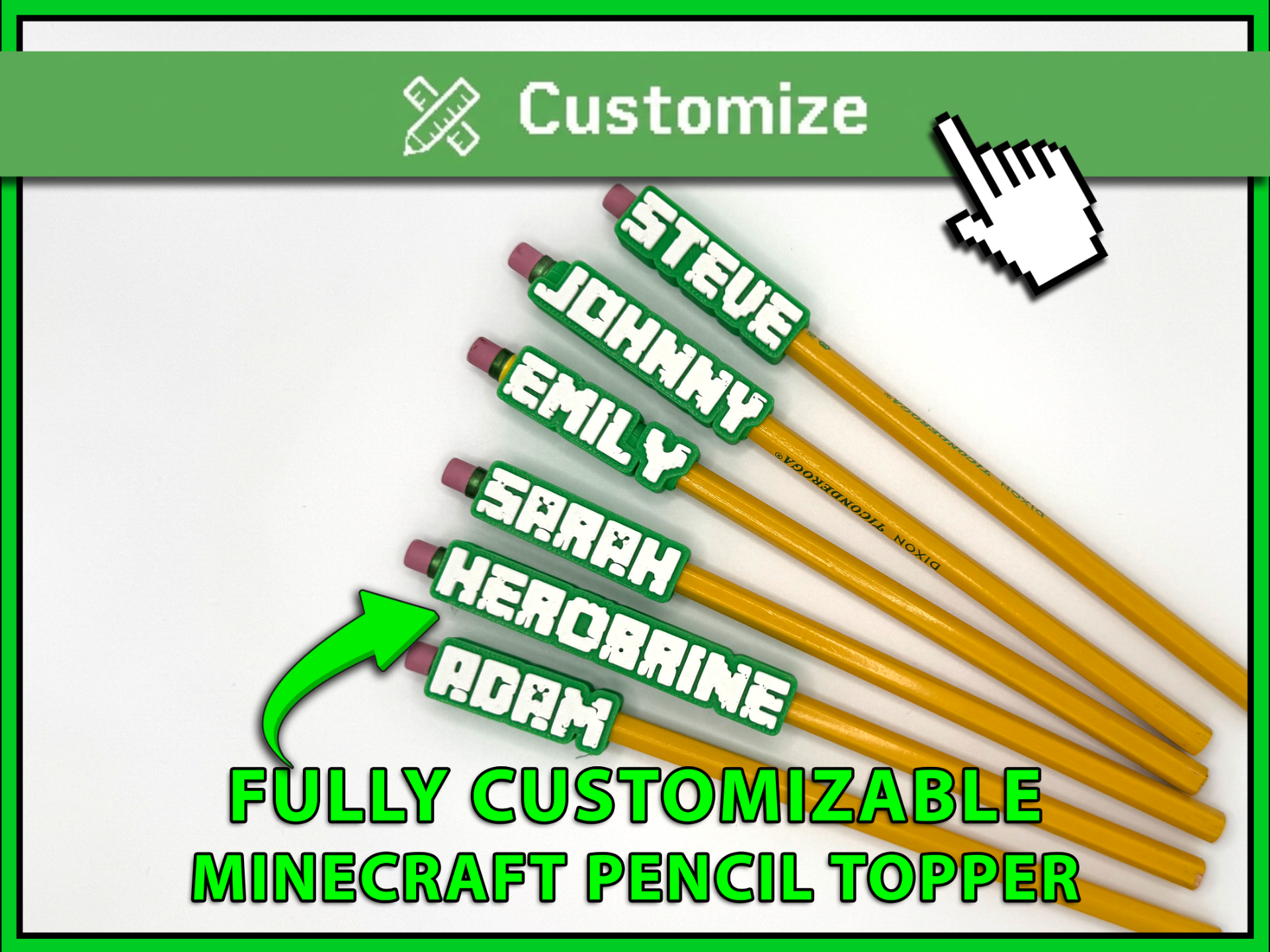 Minecraft Font Fully Customizable Pencil Topper
