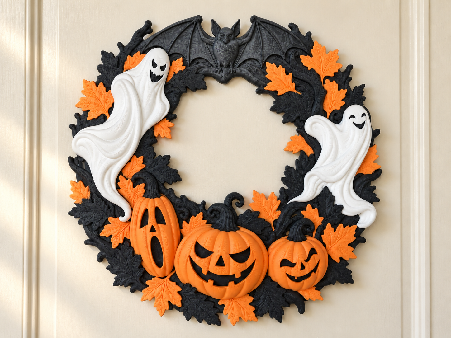Halloween Wreath – Ghosts, Pumpkins & Bat - 1