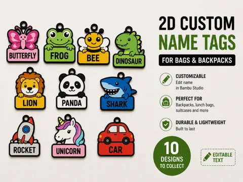 Letrero o emblema decorativo: A set of customizable 2D Bag & Backpack Tags — referencia de MakerWorld