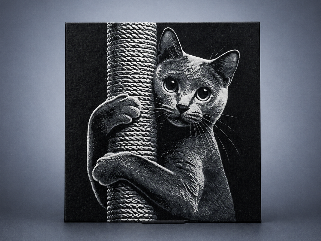 Russian Blue cat with scratching post