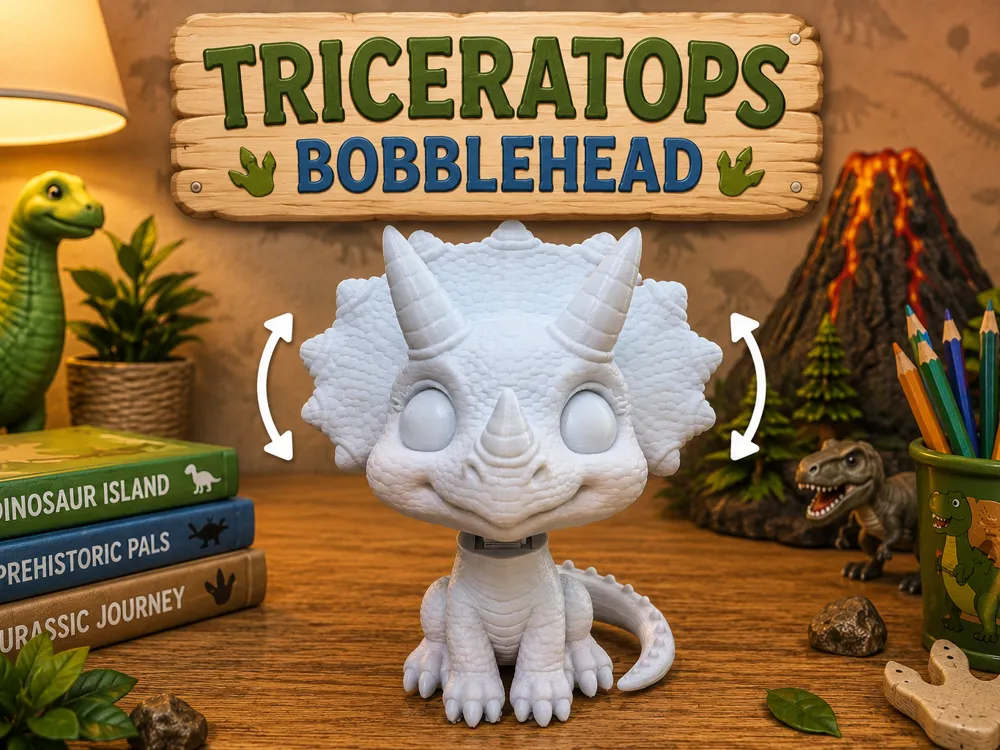 Letrero o emblema decorativo: Triceratops Bobblehead. Referencia del modelo original.