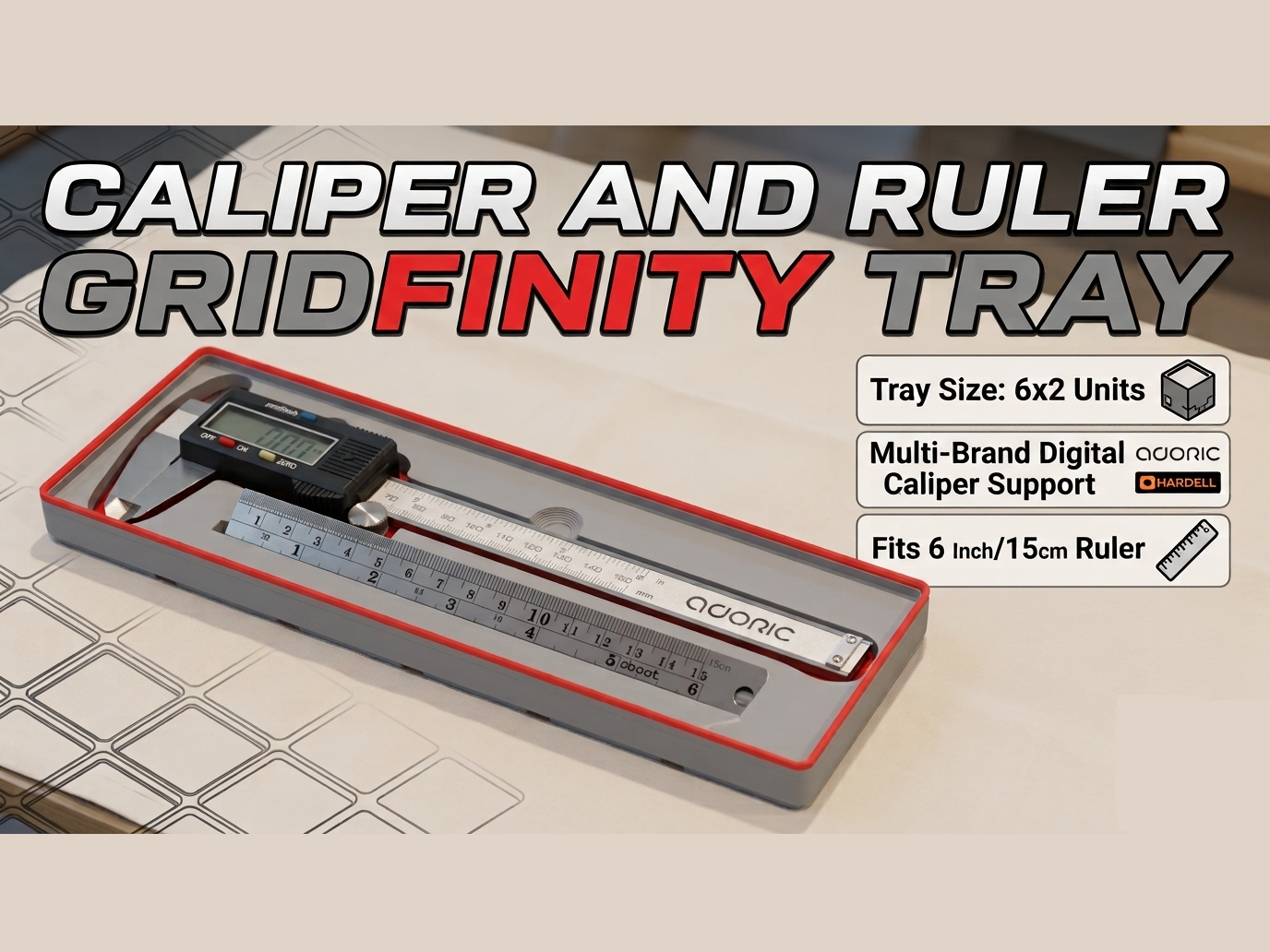 Caliper and Ruler - 6x2 Gridfinity Cutout Tray