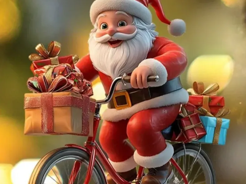 Santa Claus is riding a bicycle with gifts for