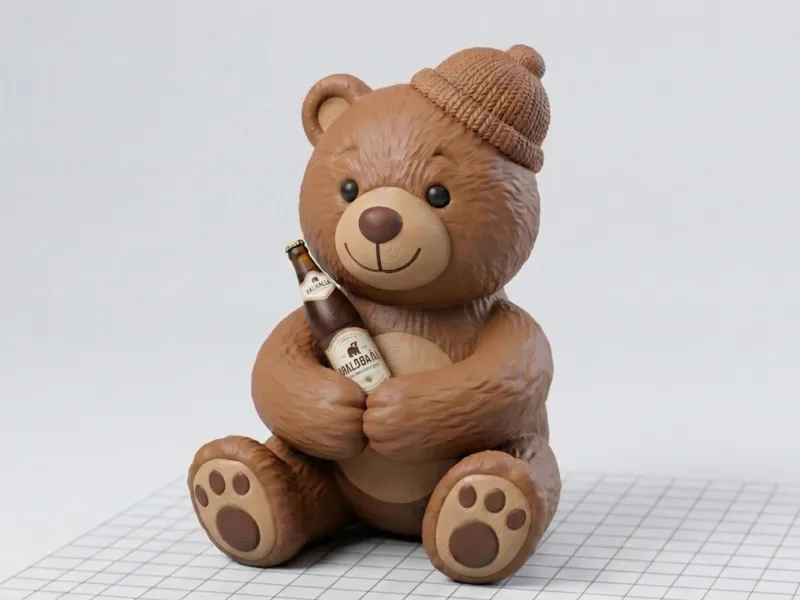 Niedlicher Winter-Teddybär mit Mütze, Flasche Bier