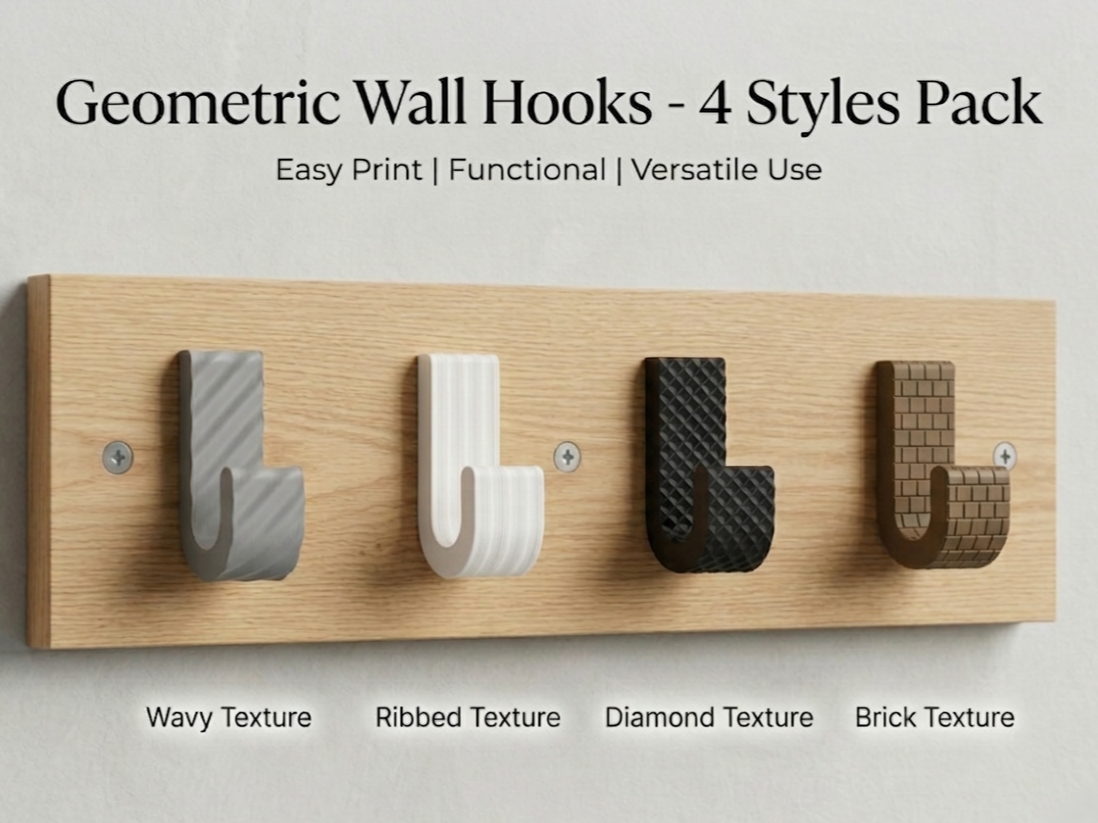 Geometric Wall Hooks - 4 Textured Styles Pack