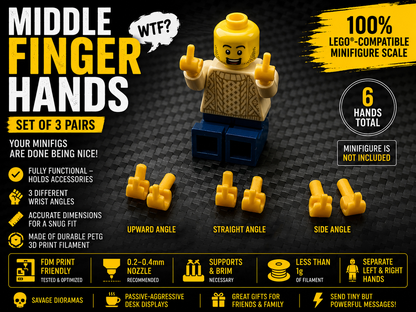 Middle Finger LEGOs-Compatible Hands (3-Angle kit)