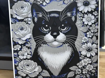Floral Tuxedo Cat Hueforge Relief – Multicolor