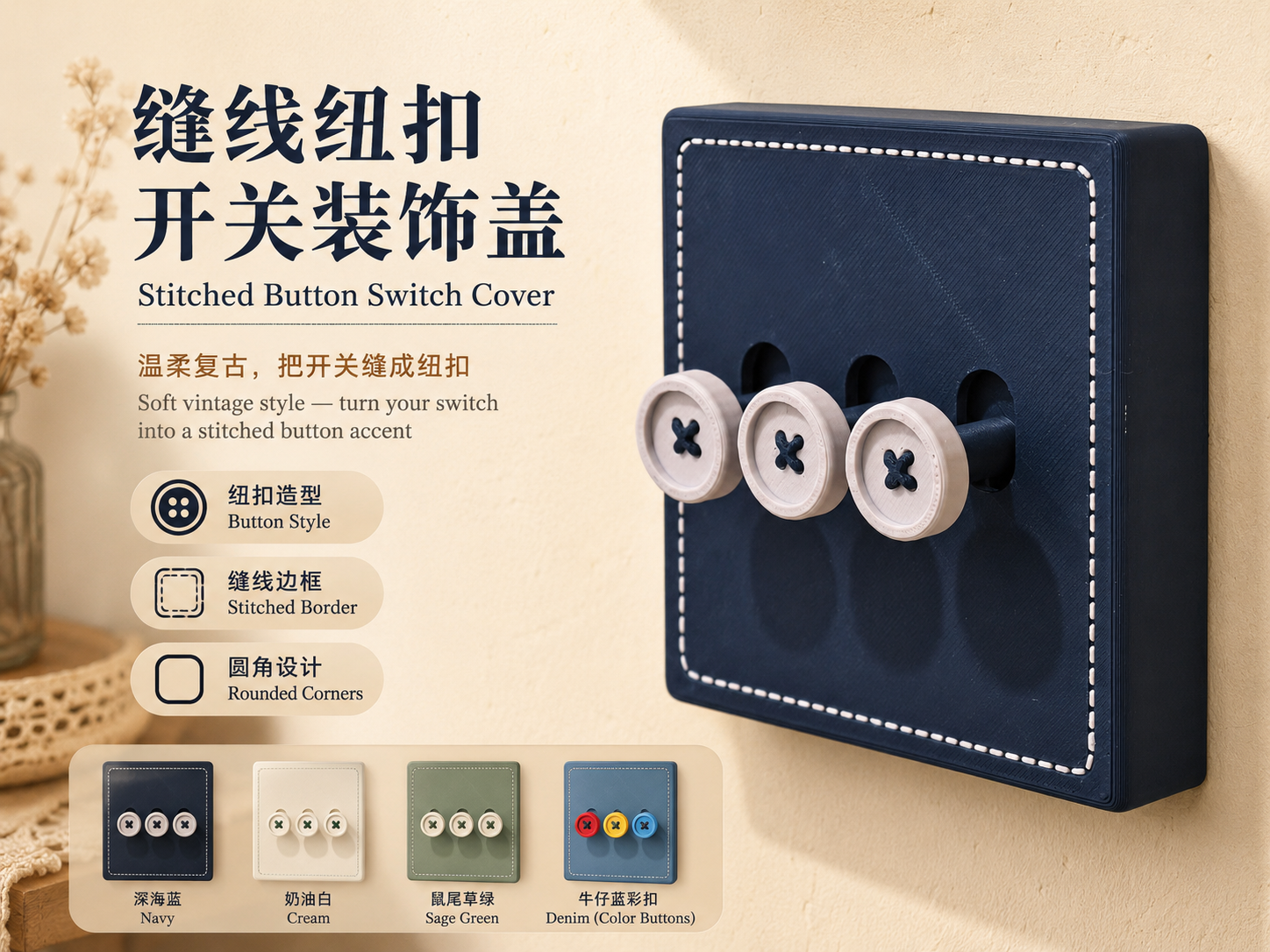 Miniatura 1 do modelo 3D Stitched Button Light Switch Cover｜家居缝线纽扣开关装饰盖儿童房