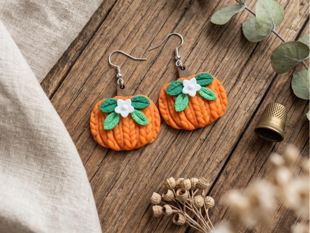 Knit Pumpkin Earrings - 1