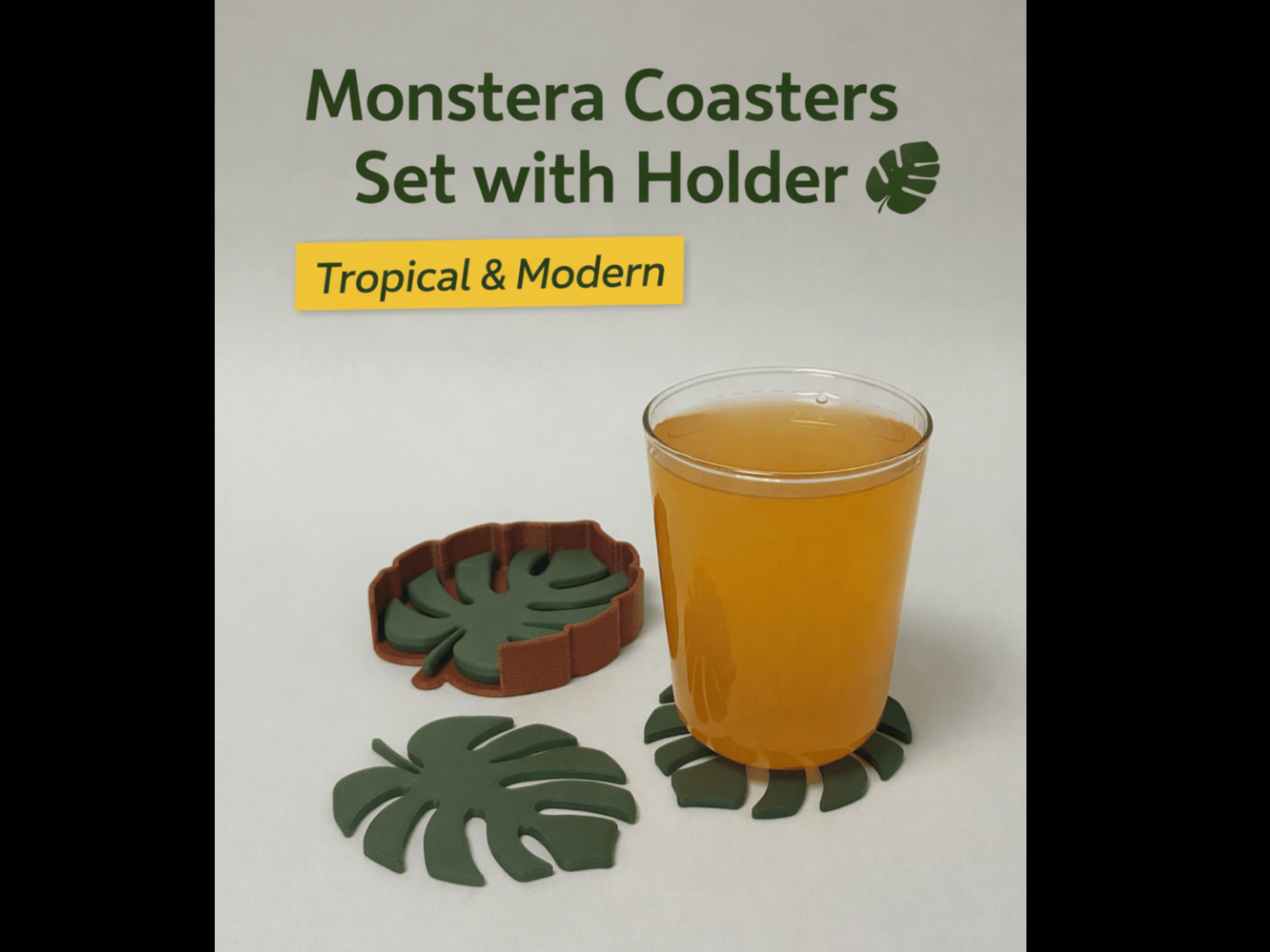 Coasters Set with Holder – Tropical Leaf Design 