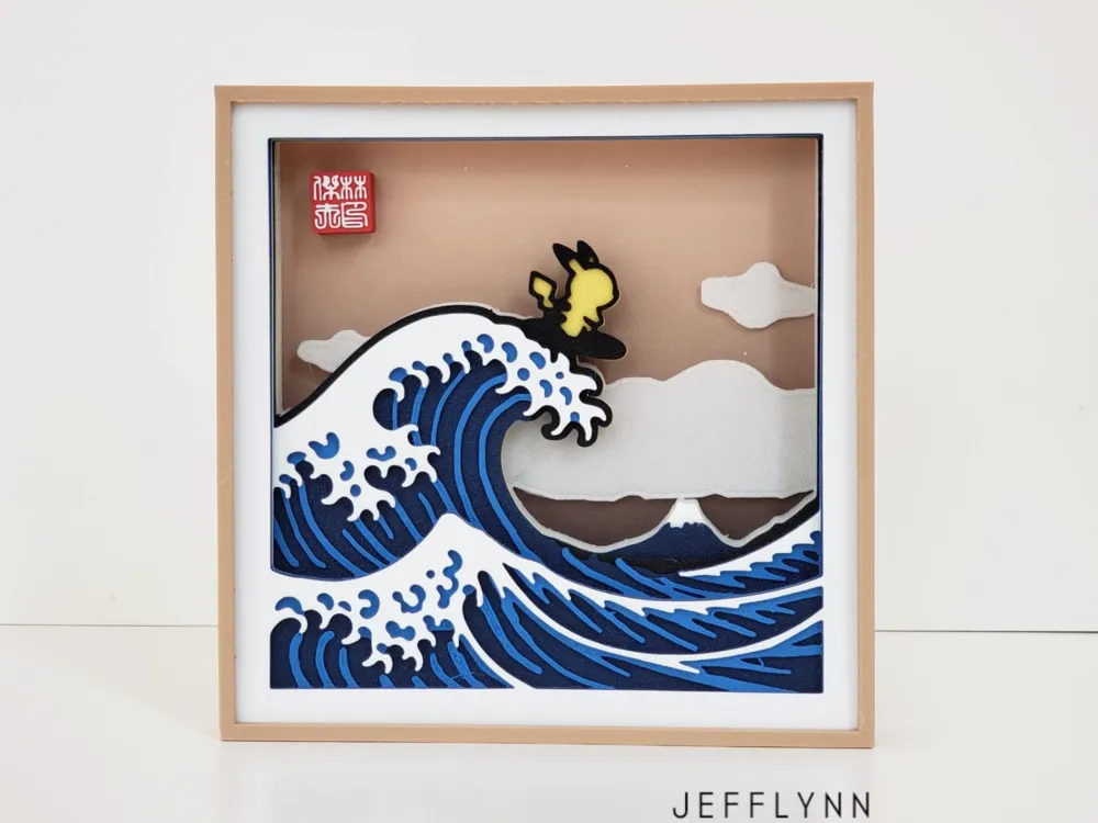 Pikachu surfing the Great Wave - Shadow Box by Jefflynn