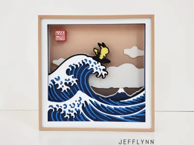 Pikachu surfing the Great Wave - Shadow Box by Jefflynn