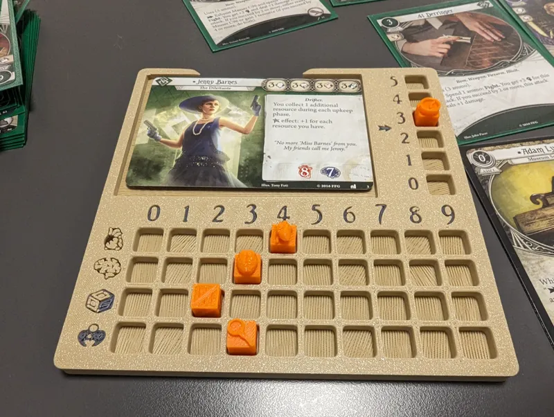 Arkham Horror player dashboard with cubes and arrows