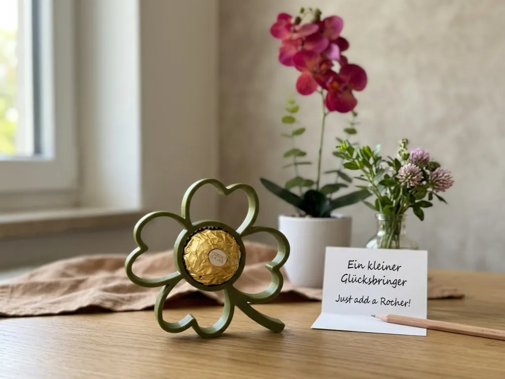 Modelo para impresión 3D: Glücks-Kleeblatt mit Ferrero Rocher-Halter. Referencia del modelo original.