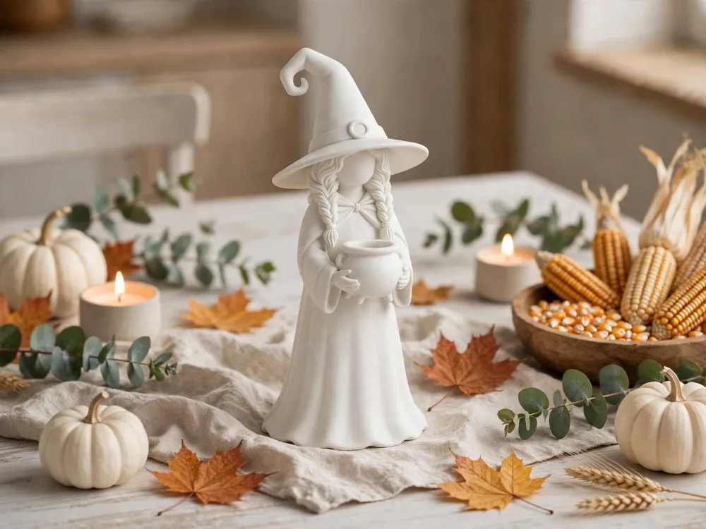 Figura decorativa: Hygge Witch Holding Cauldron Figure. Referencia del modelo original.